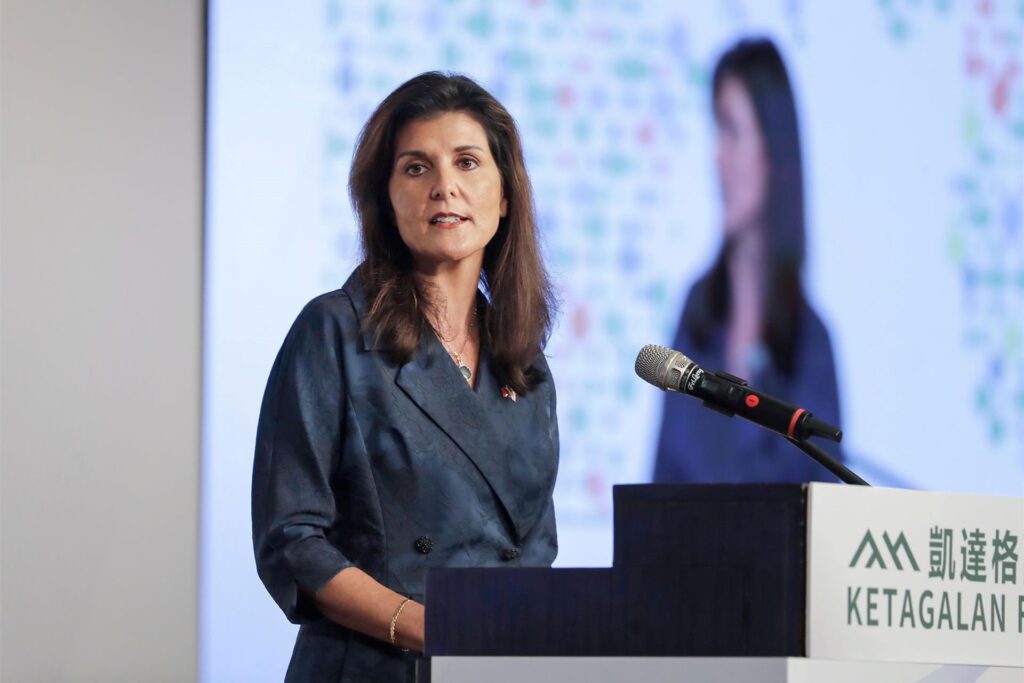 Nikki Haley, ehemalige Botschafterin der Vereinigten Staaten bei den Vereinten Nationen, hält eine Rede während des Ketagalan Forums. Nikki Haley, ehemalige Botschafterin der Vereinigten Staaten bei den Vereinten Nationen, hält eine Rede während des Ketagalan Forums.