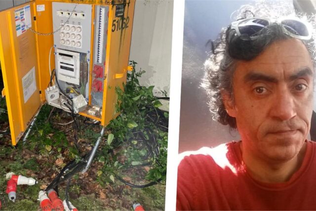 Montage zeigt einen zerstörten Stromkasten (l.) und Pablo Gamsjäger, Einrichtungsleiter der Kita St. Markus in Recklinghausen.