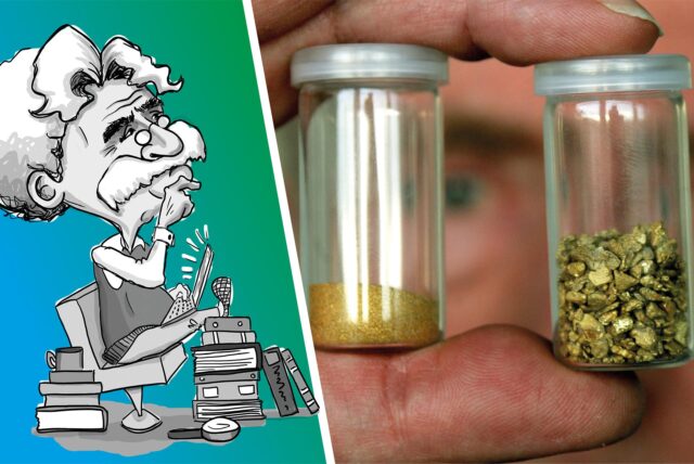 Mann hält zwei Gefäße mit Goldpartikeln in der Hand.
