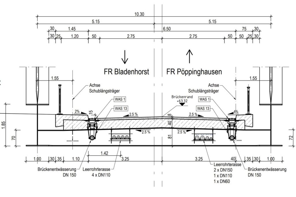 Die neue Bladenhorster Brücke im Querschnitt. Ein gesonderter Radweg, der von der Straße abgetrennt ist, ist nicht eingeplant. Die neue Bladenhorster Brücke im Querschnitt. Ein gesonderter Radweg, der von der Straße abgetrennt ist, ist nicht eingeplant.