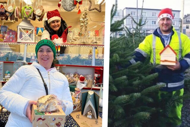 Jessica Bänsch mit Kundin am Weihnachtsstand. André Bänsch vor Weihnachtsbäumen.
