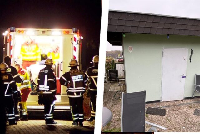 Bildkombo: links Rettungswagen und Einsatzkräfte, rechts die Laube bei Tag.