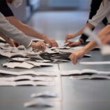 Wahlhelfer und Wahlhelferinnen zählen in einem Wahllokal Stimmzettel für die Bundestagswahl.