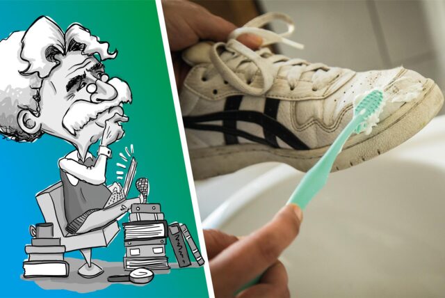Sneaker wird mit einer Zahnbürste gesäubert.