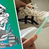 Sneaker wird mit einer Zahnbürste gesäubert.