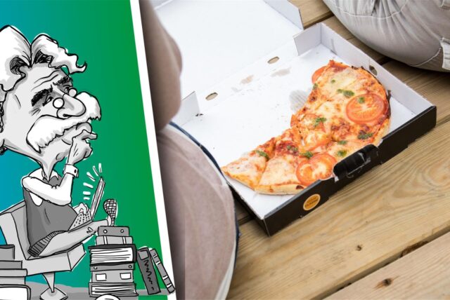 Pizzakarton liegt zwischen zwei Personen auf einer Bank.