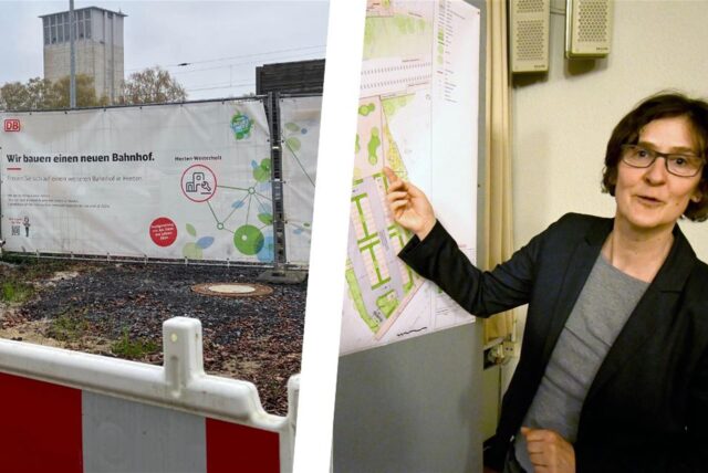 Eine Frau zeigt auf einen Bauplan für die Mobilstation in Herten.
