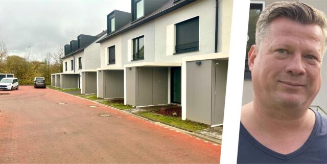 Die Bildkombi zeigt die fast fertige Siedlung „Im Westviertel“ und Achim Behn.