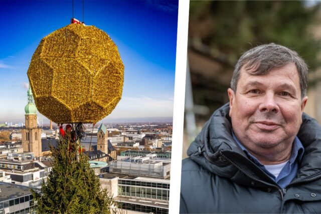 Eine Montage. Links: eine goldene Kugel auf dem Dortmunder Weihnachtsmarkt. Rechts: Schausteller-Chef Patrick Arens.