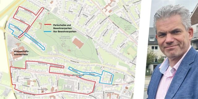 Die Montage zeigt eine grafische Darstellung des Parkraums an der Knappschaft und den Beigeordneten Axel Fritz.