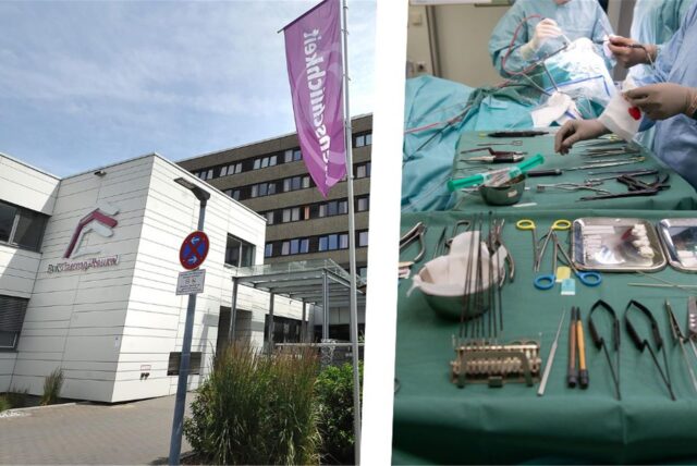 Die Montage zeigt das EvK Castrop-Rauxel von außen und eine Szene aus einem Operationssaal.