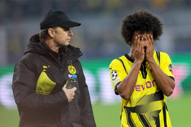BVB-Profi Karim Adeyemi schlägt die Hände vors Gesicht.