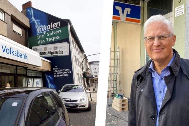Ein Zusammenschnitt aus zwei Bildern. Auf der linken Seite erkennt man den Eingang der Volksbank-Filiale in Herten Westerholt. Auf der rechten Seite steht Wilhelm Uhlenbruch vor dem Eingang einer Volksbankfiliale.