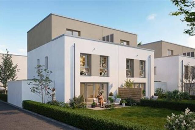 Im Dortmunder Westen entsteht ein nachhaltiges Wohnquartier für alle Generationen. Jede Doppelhaushälfte verfügt über eine Terrasse im eigenen Garten und eine Dachterrasse im Obergeschoss.