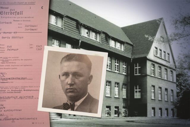 Die Bildmontage zeigt altes Foto von Dr. Werner Sengenhoff, der Anstaltsarzt der „Heilanstalt Aplerbeck“  in Dortmund und später in Marsberg war. Im Hintergrund ist die Kinderabteilung in Aplerbeck zu sehen – links im Bild einer der Totenscheine, die für die ermordeten Kinder ausgestellt wurden. Fotos: Gelsenzentrum e.V., LWL-Archiv