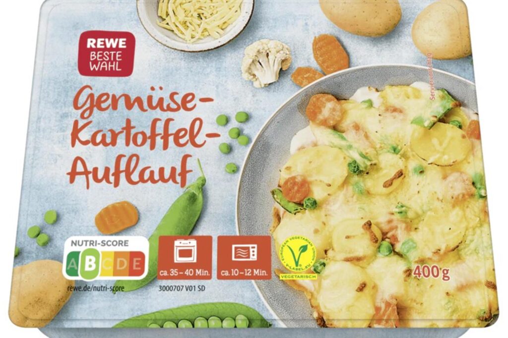 Eine Verpackung des Gemüse-Kartoffel-Auflaufs der Marke Rewe Beste Wahl, der von einer Rückrufaktion betroffen ist. Eine Verpackung des Gemüse-Kartoffel-Auflaufs der Marke Rewe Beste Wahl, der von einer Rückrufaktion betroffen ist.