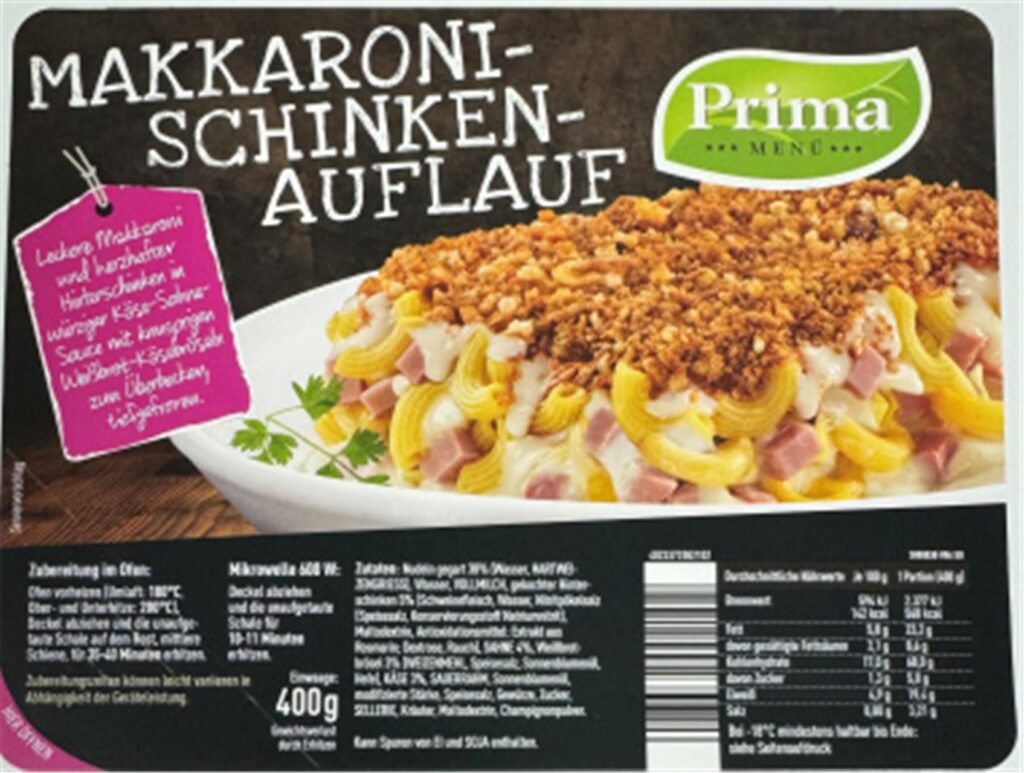 Eine Verpackung des Makkaroni-Schinken-Auflaufs der Marke Prima Menü, der von einer Rückrufaktion betroffen ist. Eine Verpackung des Makkaroni-Schinken-Auflaufs der Marke Prima Menü, der von einer Rückrufaktion betroffen ist.