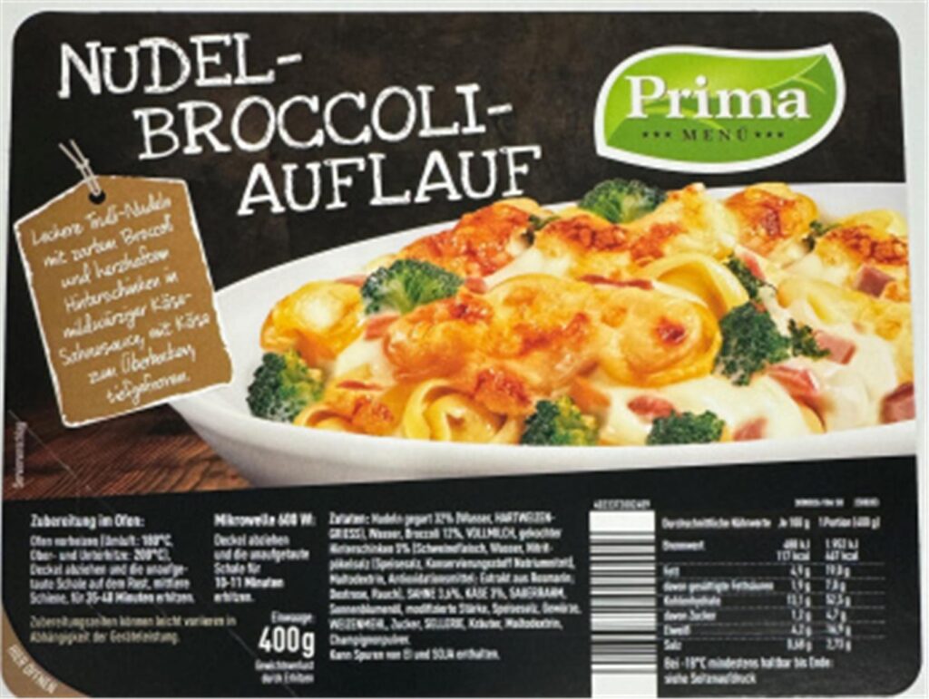 Eine Verpackung des Broccoli-Nudel-Auflaufs der Marke Prima Menü, der von einer Rückrufaktion betroffen ist. Eine Verpackung des Broccoli-Nudel-Auflaufs der Marke Prima Menü, der von einer Rückrufaktion betroffen ist.