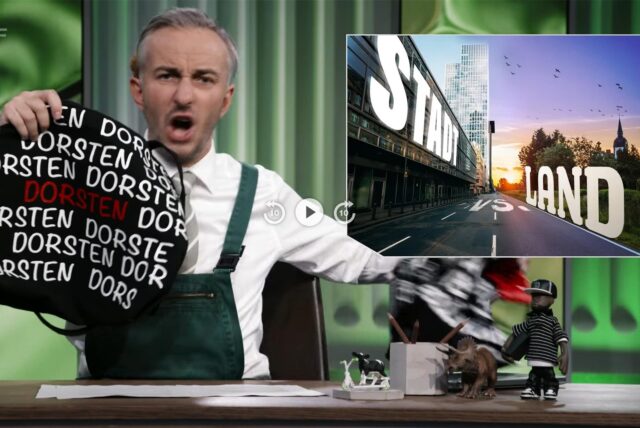 Jan Böhmermann hält eine Tasche mit „Dorsten“-Schriftzug in die Kamera.