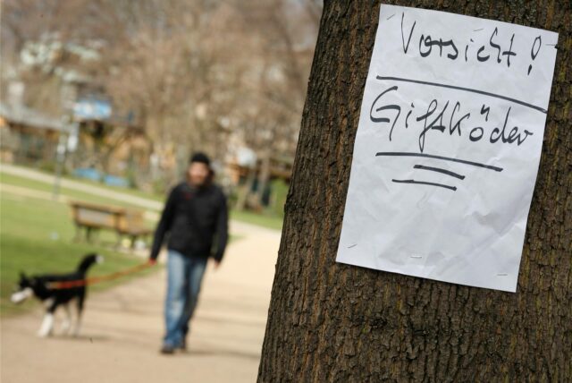 „Vorsicht! Giftköder“ steht auf einem Schild, das an einem Baum angebracht ist.