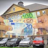 Bildmontage zwei Hände halten Geldscheine, im Hintergrund das Rathaus Datteln