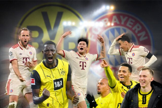Eine Collage mit Spielern von Borussia Dortmund und dem FC Bayern München.