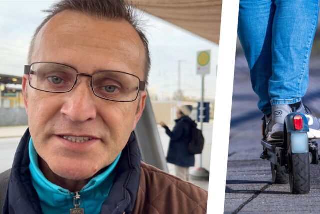 Ein Mann mit kurzen Haaren an einem Busbahnhof, auf dem zweiten Bild ein E-Roller.
