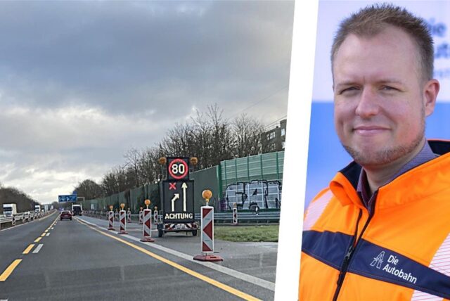 Eine Fotomontage bei der auf der Linken Seite die Fahrspur der Autobahn A52 kurz hinter der Ausfahrt Marl Zentrum zu sehen ist. Auf der rechten Seite des Bildes ist ein Foto von Anton Kurenbach in einer Arbeitsjacke der Autobahn GmbH.