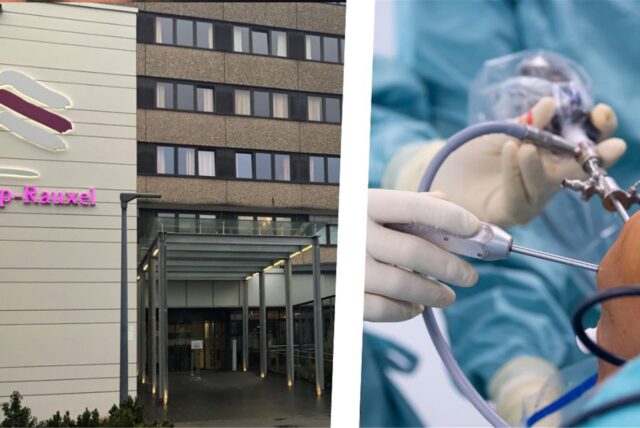 Die Montage zeigt das EvK Castrop-Rauxel und eine Knie-Operation.