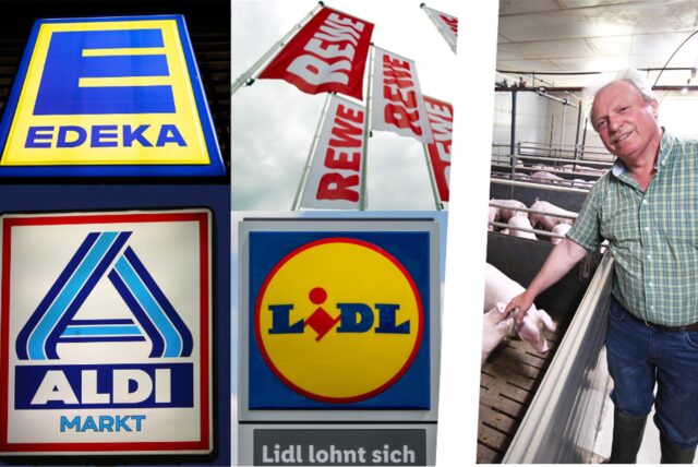 Die Logos von Edeka, Rewe, Aldi und Lidl in einer Montage mit einem Bilde