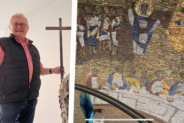 Der Hertener Bauherr Eckhard Klein im linken Bild, rechts ein Ausschnitt des Wandmosaiks von St. Johannes in Herten-Bertlich.