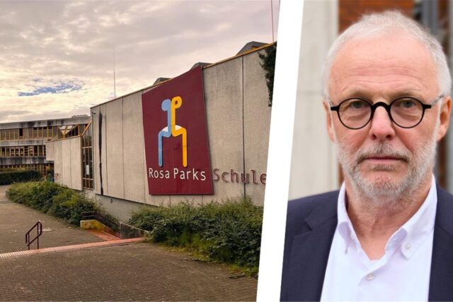 Foto-Montage einer Außenansicht der Rosa-Parks-Schule Herten und Hertens Bürgermeister Matthias Müller.