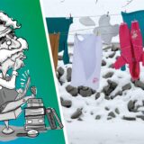 Wäsche hängt im Winter auf der Leine.