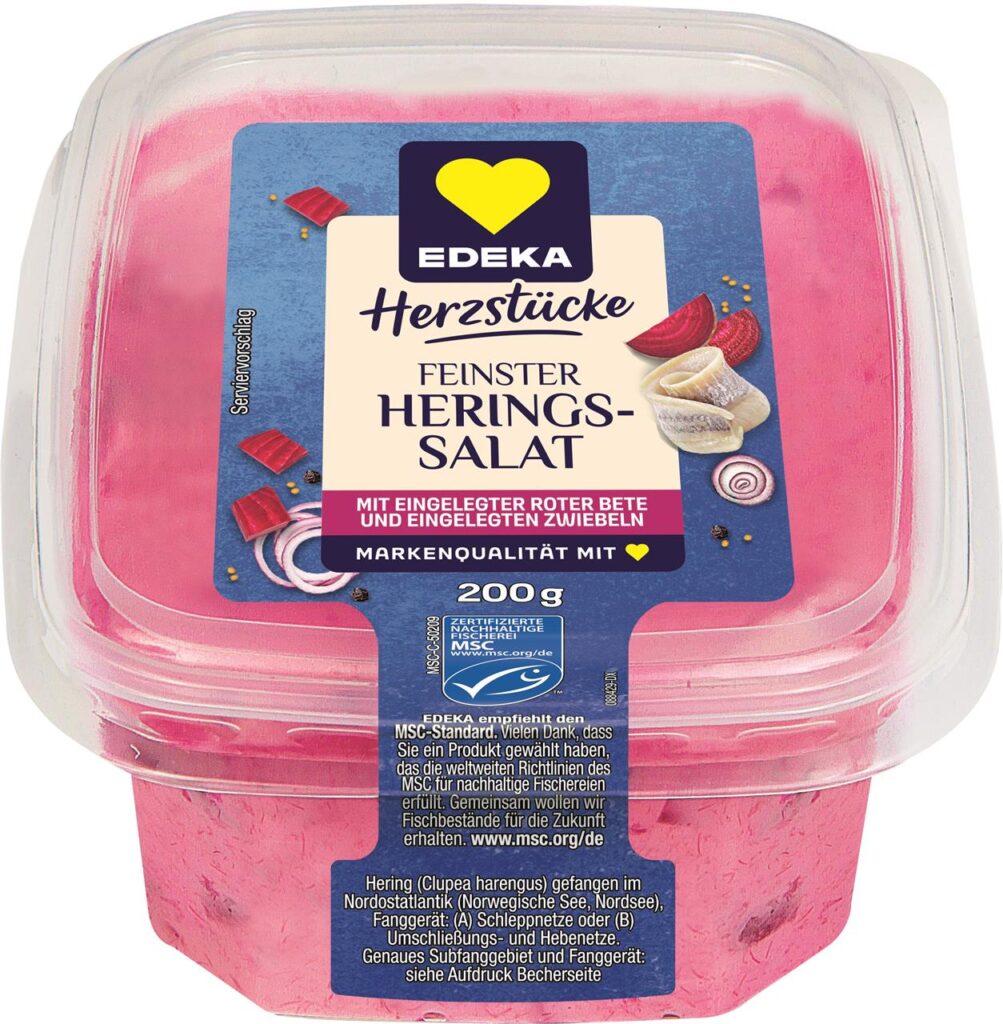 Ein Becher des Heringssalates von Edeka Herzstücke, für den es eine Rückrufaktion gibt. Ein Becher des Heringssalates von Edeka Herzstücke, für den es eine Rückrufaktion gibt.