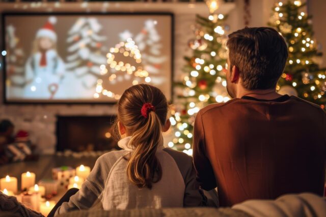 Ein Vater und seine Tochter sitzen in einem weihnachtlich geschmückten Wohnzimmer und genießen das TV-Programm an Weihnachten.