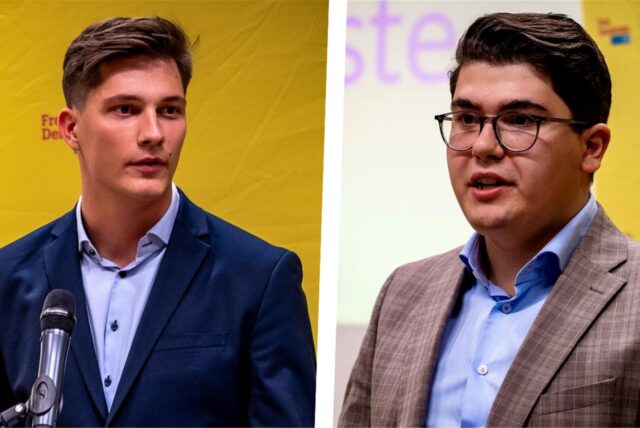 Zwei Kandidaten stehen vor FDP-Logo, eine Bild-Montage
