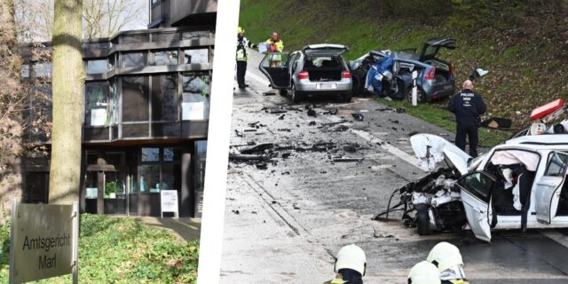 Das Amtsgericht Marl von außen, daneben ein Bild von dem Unfall