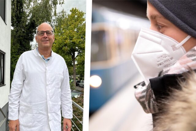 Links Dr. Markus Böddeker, Hausarzt aus Marl, rechts eine Frau mit FFP2-Maske.