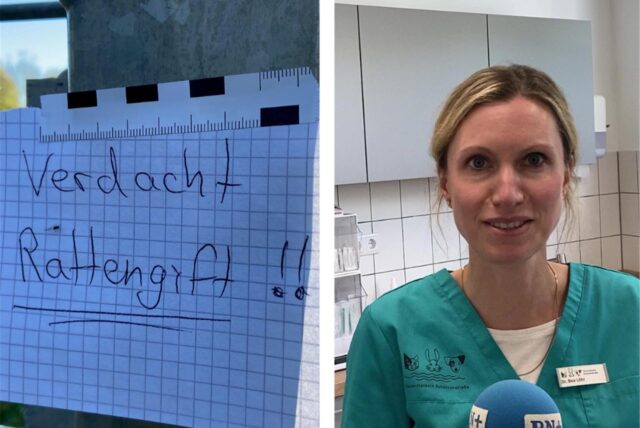 Montage aus einem Zettel an einem Zaun, auf dem steht „Verdacht Rattengift“ und einem Foto von Tierärztin Bea Löhr aus Schwerte.