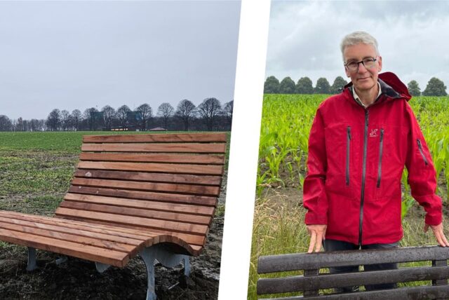 Links zwei Liegebänke auf einer Wiese in Recklinghausen-Hochlar, rechts Anwohnerin Claudia C.