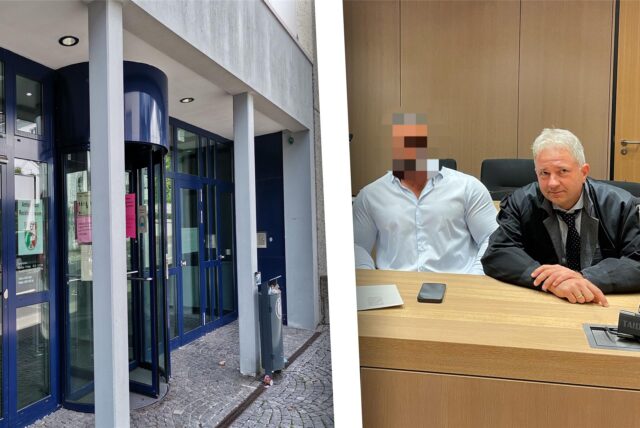 Eine Montage aus der Ansicht des Amtsgerichts Recklinghausen und dem Foto eines Angeklagten und seines Verteidigers.