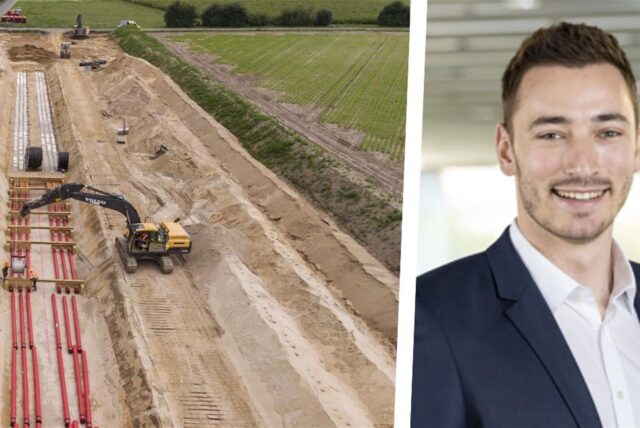 Porträt von Linus Dahn und ein Feld mit Leitungsrohren und einem Bagger