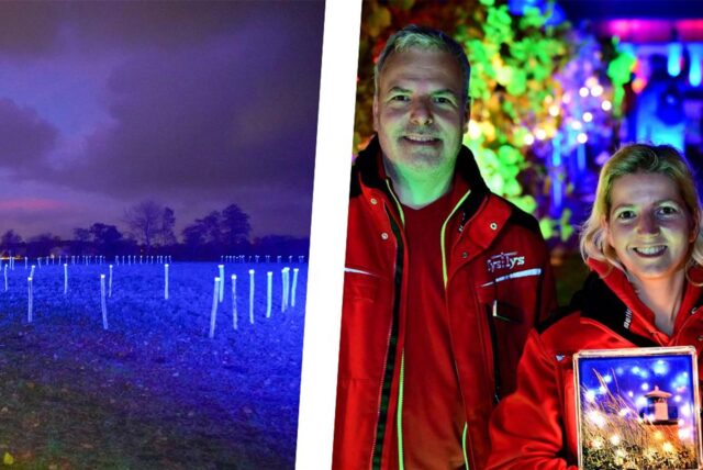 Rolf Arno Specht und Mareike Helbing lassen seit Jahren mit Lichtkunst Bauwerke in vielen Farben leuchten (Foto rechts). Nun haben sie die Gedenkstätte am Konzentrationslager in Ladelund zu einem Ort des Erinnerns gestaltet.