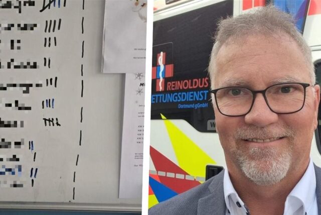 Auf dem weißen Brett der Rettungswache in Königsborn ist eine Strichliste mit Namen, die unsere Redaktion unkenntlich gemacht hat, zu sehen. Laut Peter Schroeter, Gesellschafter des privaten Rettungsdienstes, handelt es sich dabei um eine „Todesliste“.