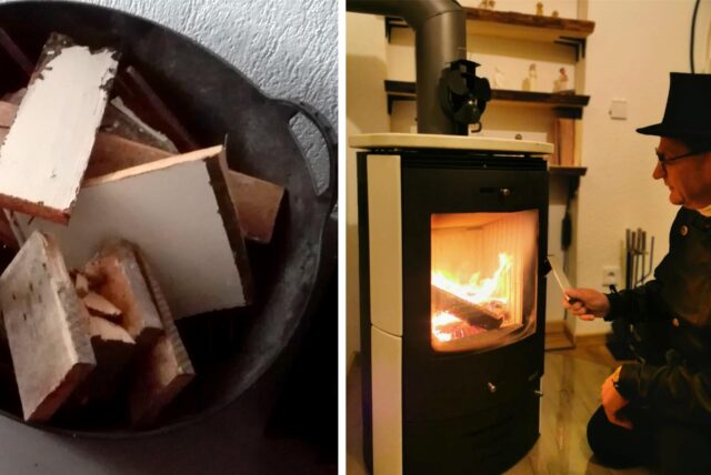 Bretter in einem Metalleimer links, Paul Schürmann feuert einen Kamin an (rechts).