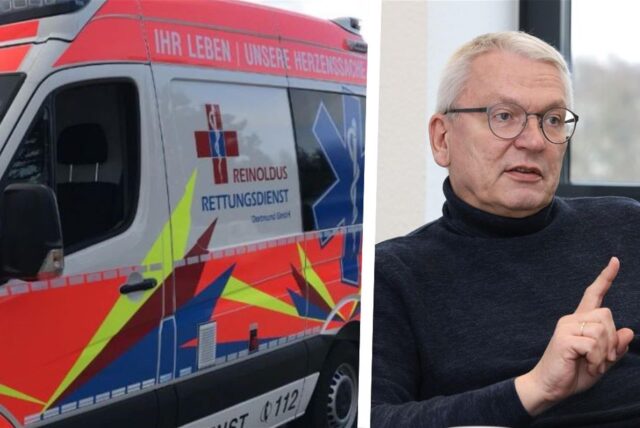 Die Bildmontage zeigt links einen Rettungswagen des privaten Rettungsdienstes Reinoldus und rechts den Sprecher des Kreises Unna, Volker Meier.