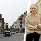Tina Teschlade hat sich ein Jahr lang mit Netzwerken, Problemen und Entwicklung von Habinghorst beschäftigt. Auf dieser Montage ist sie abgebildet, im Hintergrund ist die Lange Straße zu erkennen.