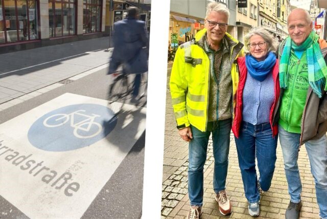 Die Bildkombi zeigt Peter Brautmeier, Irma Loos und Dierk Dümeland sowie ein Fahrradstraßen-Logo.