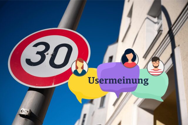 Das Logo „Usermeinung“ ist neben einem Tempo-30-Schild zu sehen.