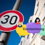 Das Logo „Usermeinung“ ist neben einem Tempo-30-Schild zu sehen.